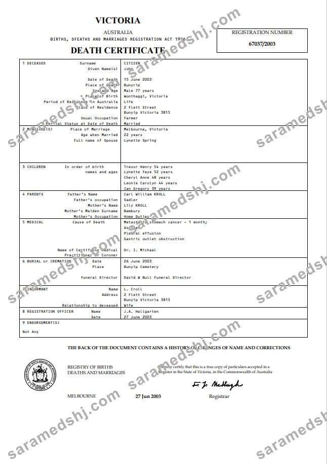 Australia Victoria death certificate template in Word format